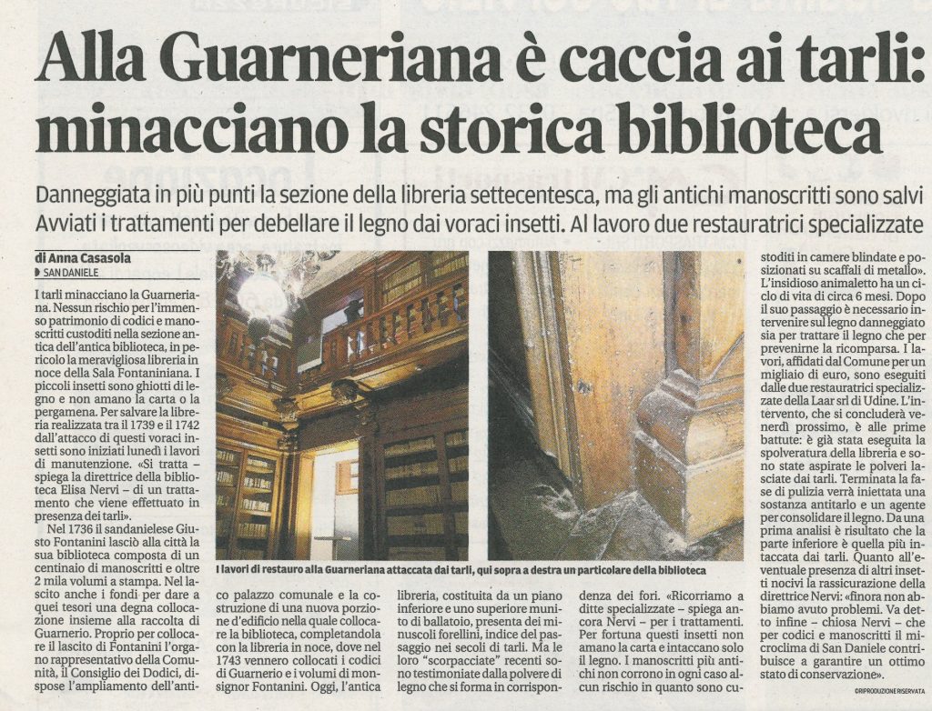 Alla Guarneriana è caccia ai tarli: minacciano la storica bibliotica – Novembre 2017