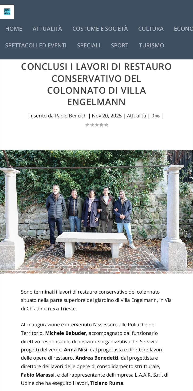 Conclusi i lavori di restauro conservativo del colonnato di Villa Engelmann – Novembre 2025
